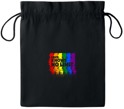 Love Knows No Limits Design - Essential medium colored cotton drawstring bag_BLACK_front