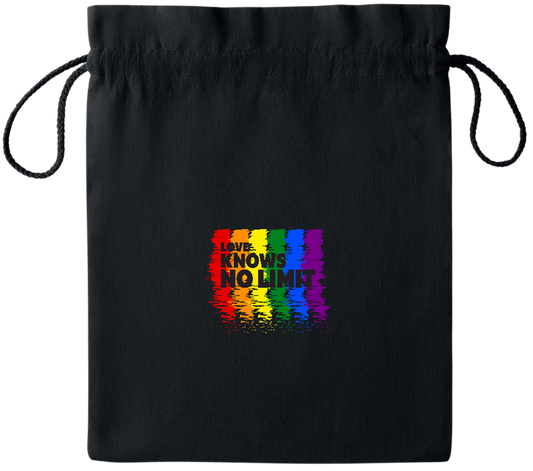 Love Knows No Limits Design - Essential medium colored cotton drawstring bag_BLACK_front