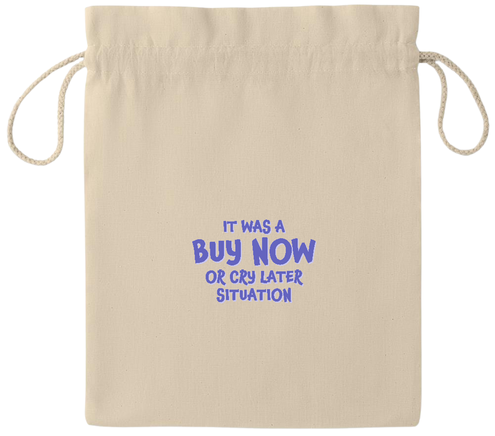 Buy Now Cry Later Design - Essential medium drawcord gift bag_BEIGE_front