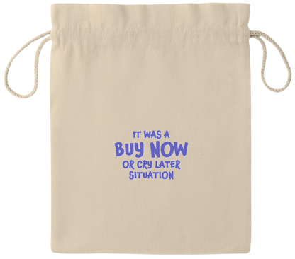 Buy Now Cry Later Design - Essential medium drawcord gift bag_BEIGE_front