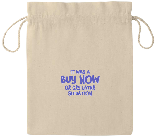 Buy Now Cry Later Design - Essential medium drawcord gift bag_BEIGE_front