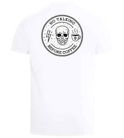 No Talking Before Coffee Design - Premium men's polo shirt_WHITE_back