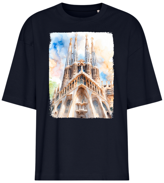 Sagrada Familia Watercolor Painting Design - Premium women's oversized t-shirt_FRENCH NAVY_front