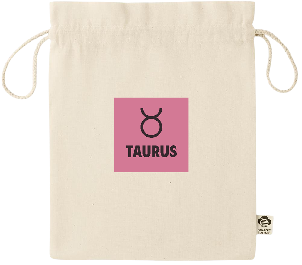 Zodiac Taurus Design - Essential medium organic drawcord gift bag_BEIGE_front