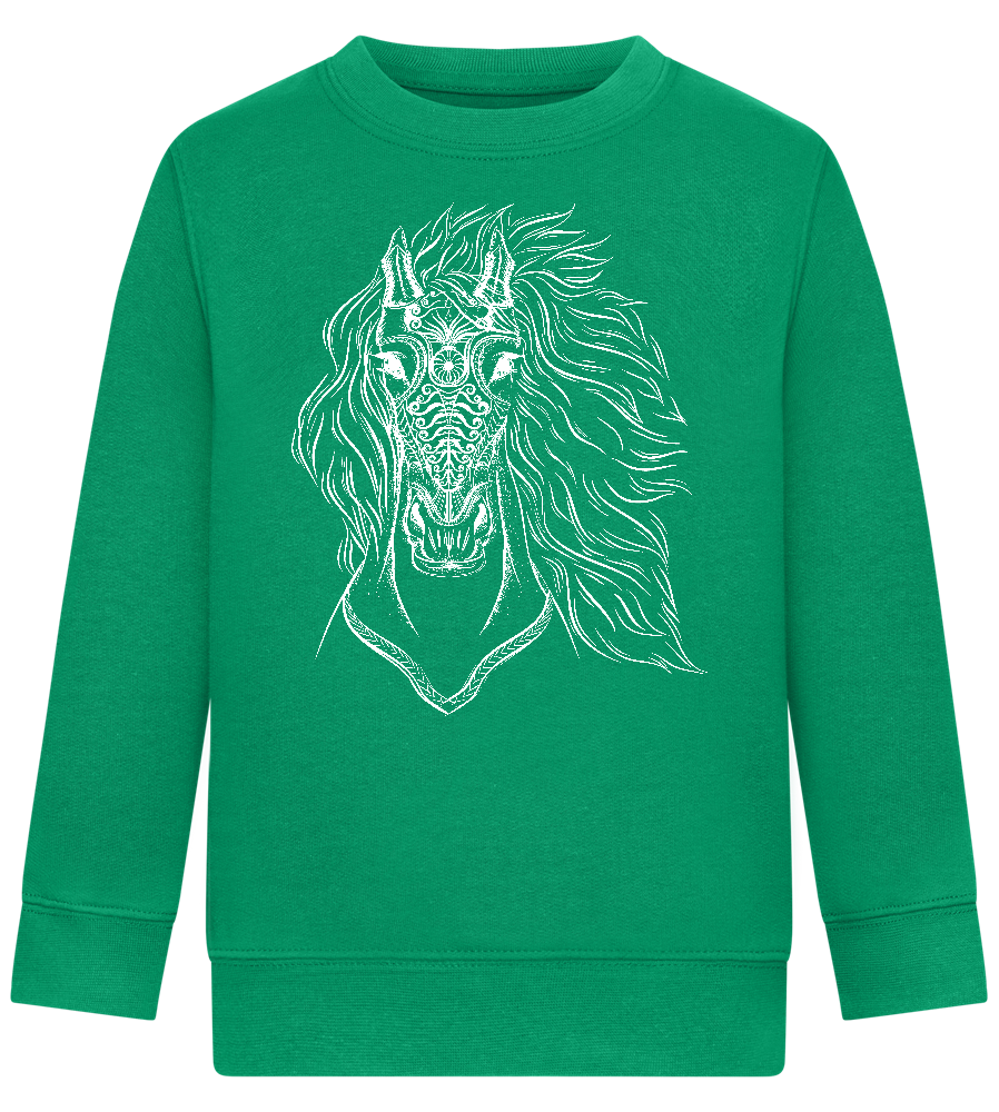 White Abstract Horsehead Design - Comfort Kids Sweater_MEADOW GREEN_front