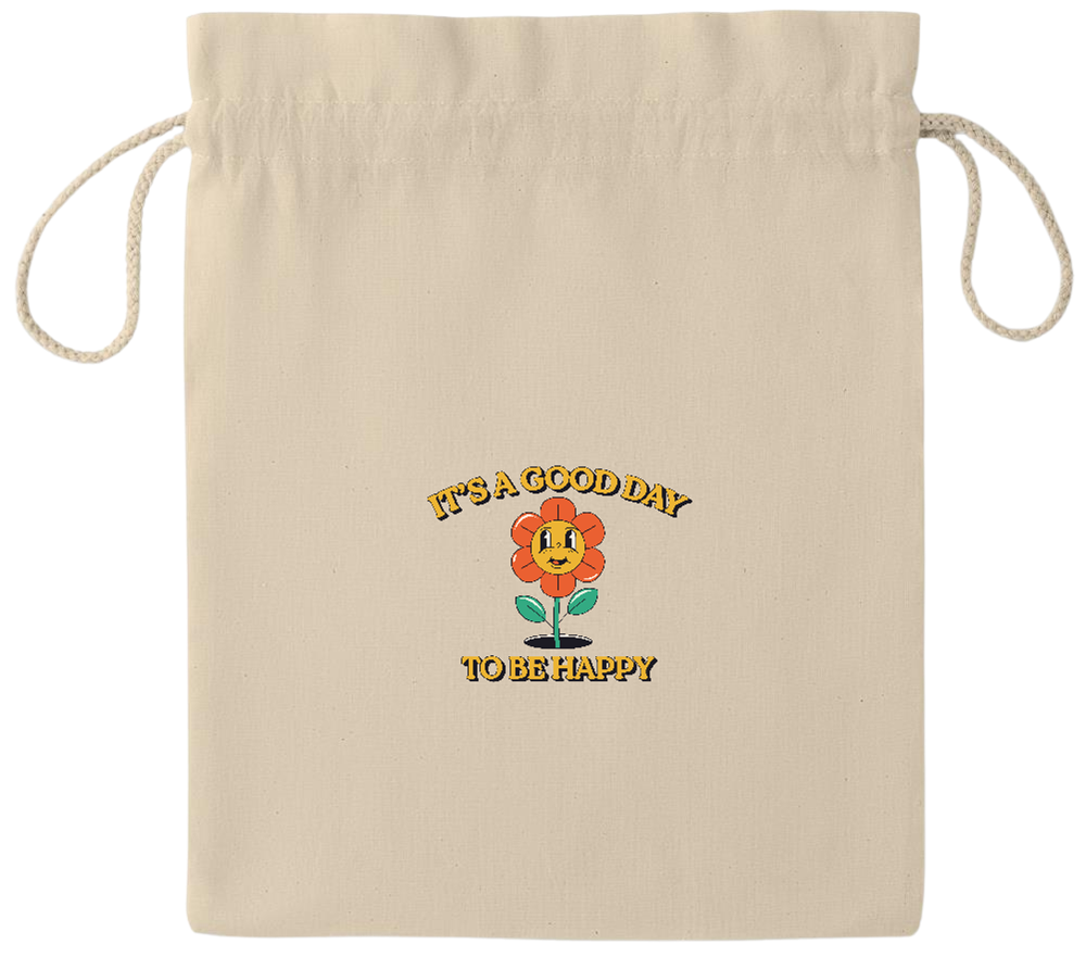 Its a Good Day to be Happy Design - Essential medium drawcord gift bag_BEIGE_front