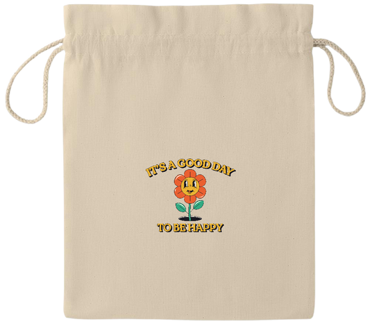 Its a Good Day to be Happy Design - Essential medium drawcord gift bag_BEIGE_front