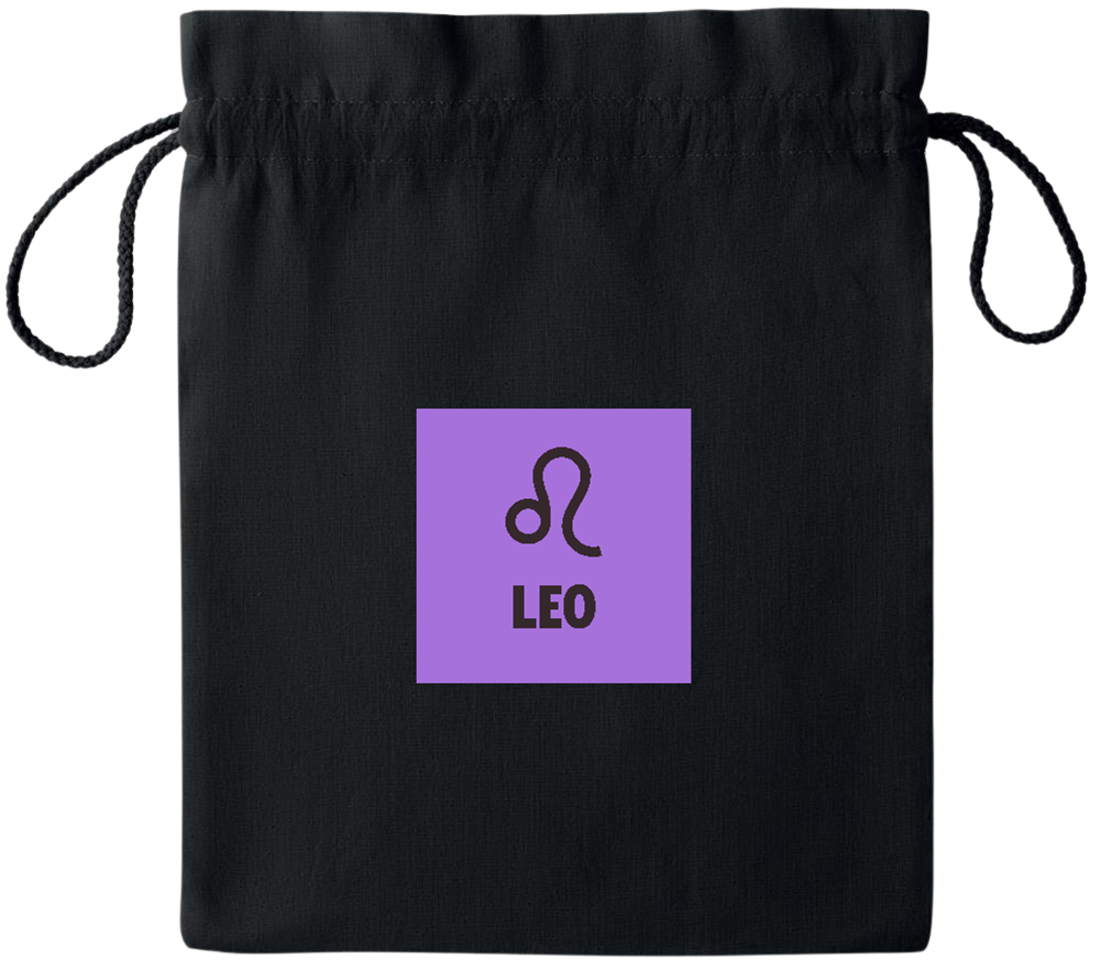 Zodiac Leo Design - Essential medium colored cotton drawstring bag_BLACK_front