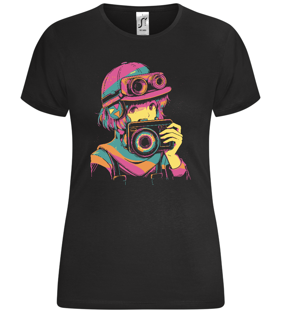 Colorful Girl with Camera Design - Comfort women's t-shirt_DEEP BLACK_front