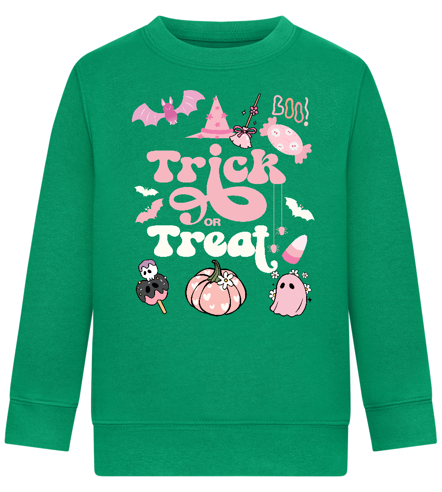 Pink Trick or Treat Design - Comfort Kids Sweater_MEADOW GREEN_front