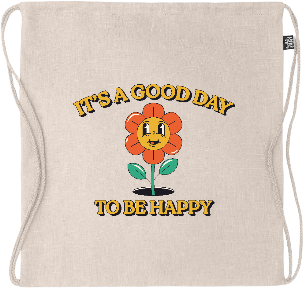 Its a Good Day to be Happy Design - Premium hemp drawstring bag_BEIGE_front