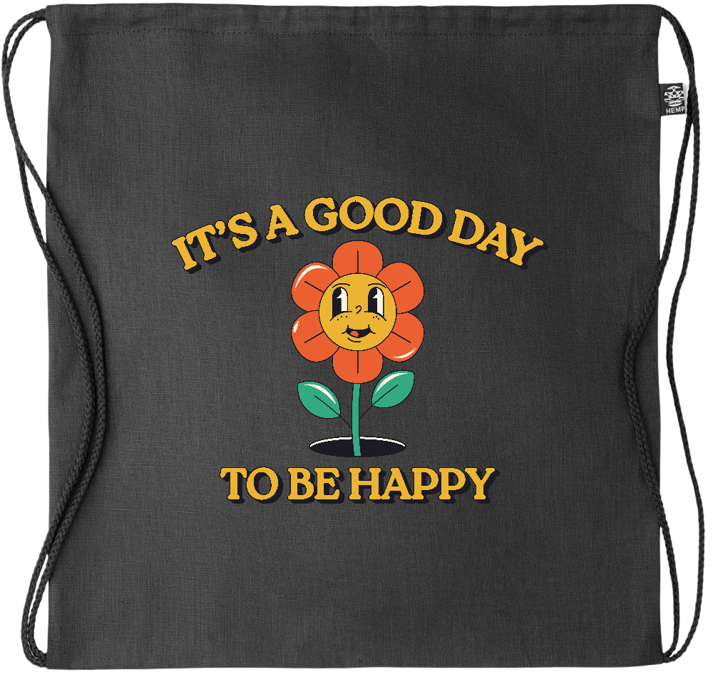 Its a Good Day to be Happy Design - Premium hemp drawstring bag_BLACK_front