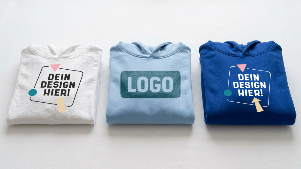 Vergleich personalisierter Hoodies von ShirtUp! mit verschiedenen Farben und Logo-Styles für individuelle Kleidung.