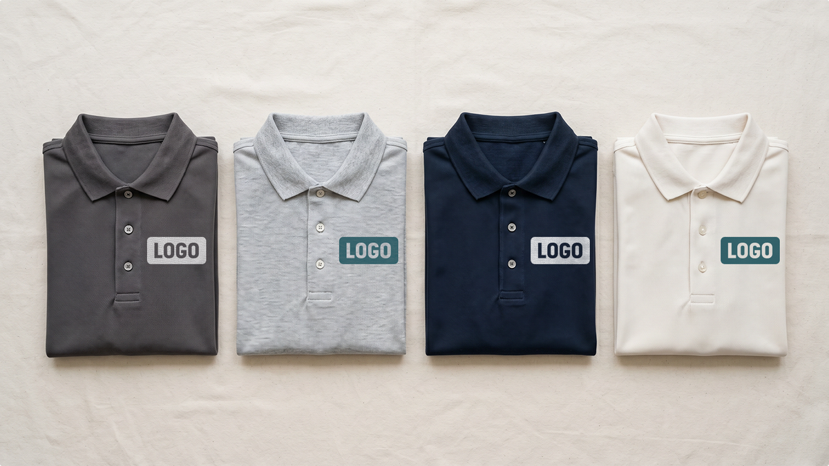 Folded custom polos from ShirtUp! showcasing different logo placement options for personalized branded apparel.