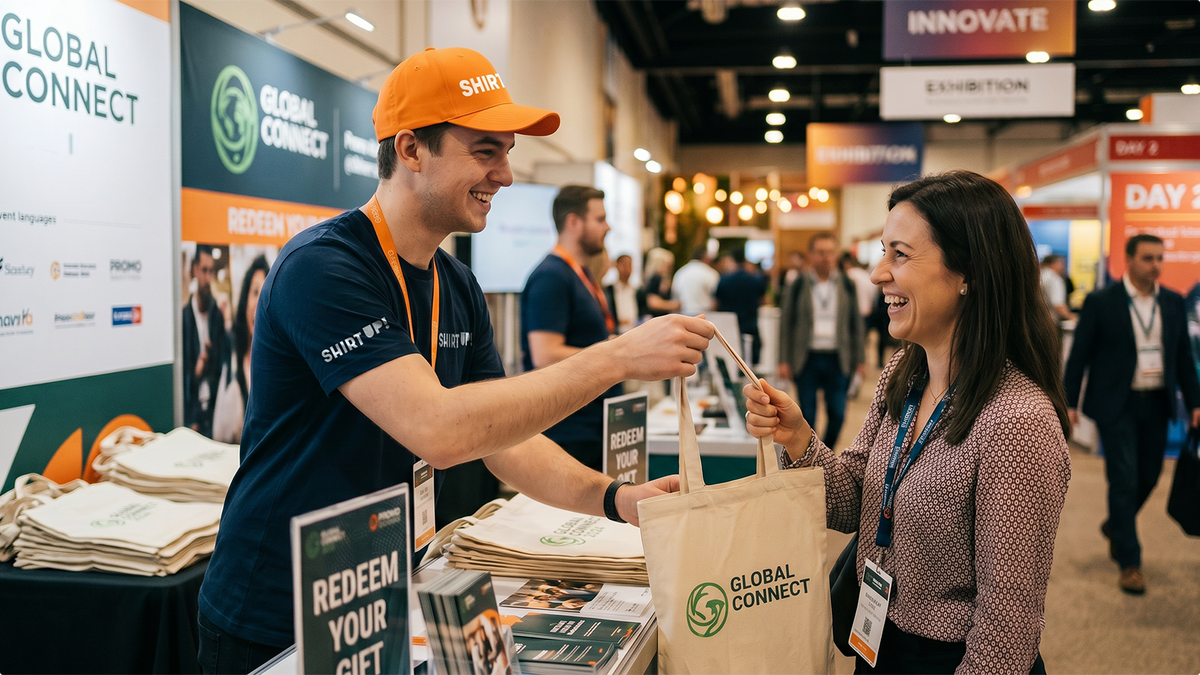 ShirtUp! branded merchandise giveaway at a business trade show featuring custom tote bags and promotional apparel