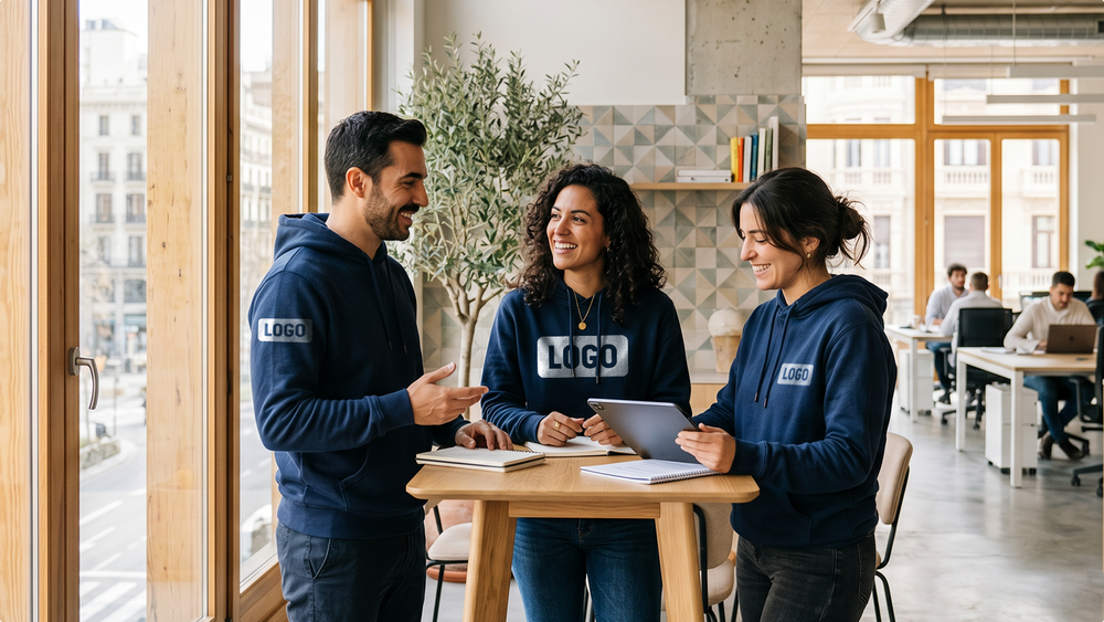 Equipo en una oficina moderna con sudaderas corporativas personalizadas de ShirtUp! para ropa laboral y de empresa.