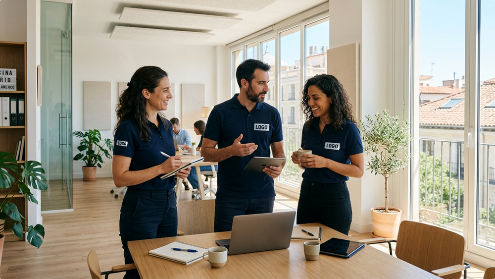 Profesionales con polos corporativos personalizados de ShirtUp! en un entorno de oficina moderno para ropa de empresa y equipos.