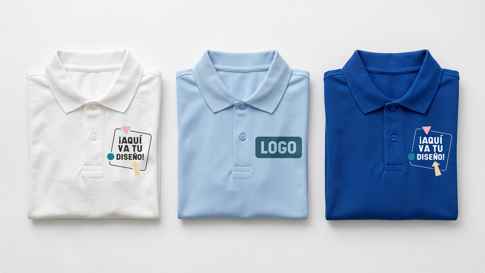Comparativa de polos personalizados de ShirtUp! con distintos colores, posiciones de logo y estilos para ropa corporativa personalizada.