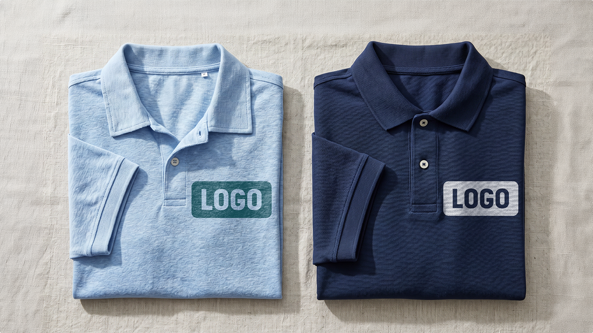 Primer plano comparativo de polos personalizados de ShirtUp! con diferentes colores, acabados y calidad premium de confección.