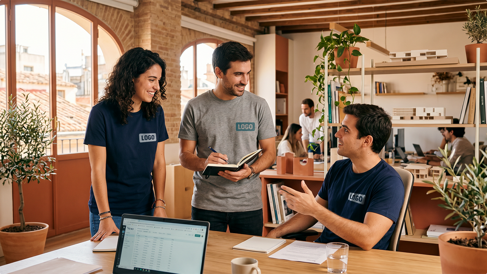 Ejemplos de colocación de logotipos personalizados de ShirtUp! en camisetas de diferentes colores