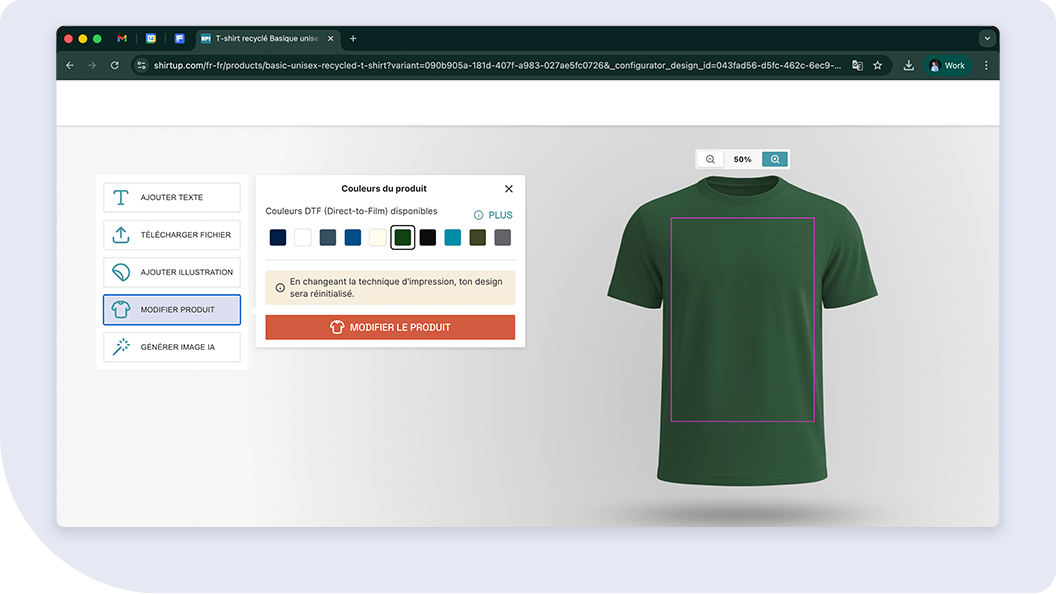 Modifier le produit dans l'outil de personnalisation ShirtUp!