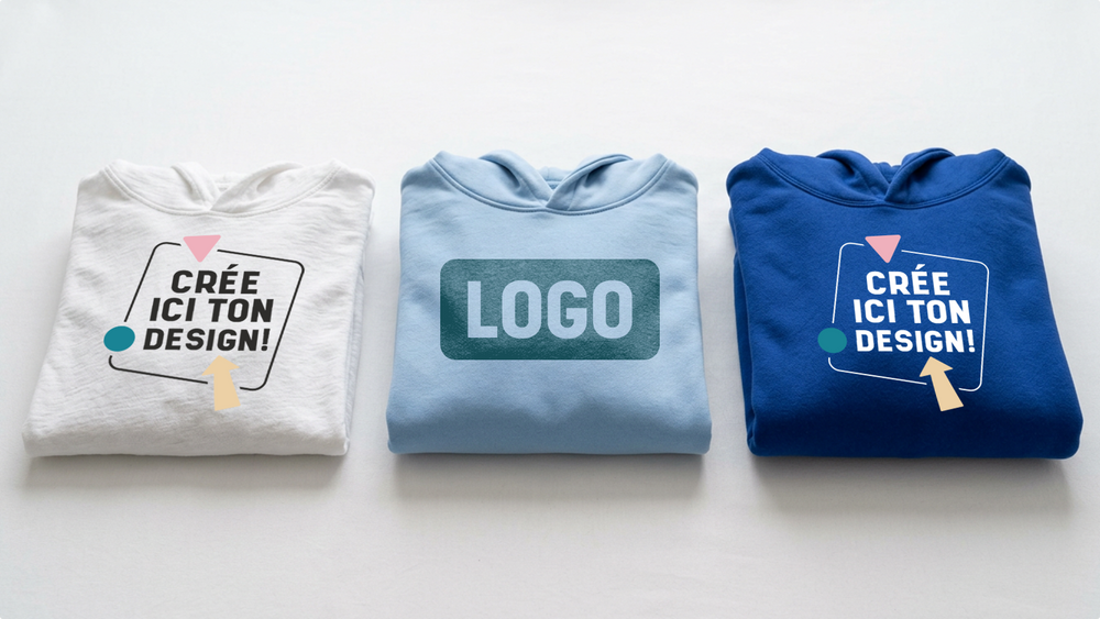 Comparatif de hoodies personnalisés ShirtUp! présentant différentes couleurs et styles de logos pour vêtements personnalisés.