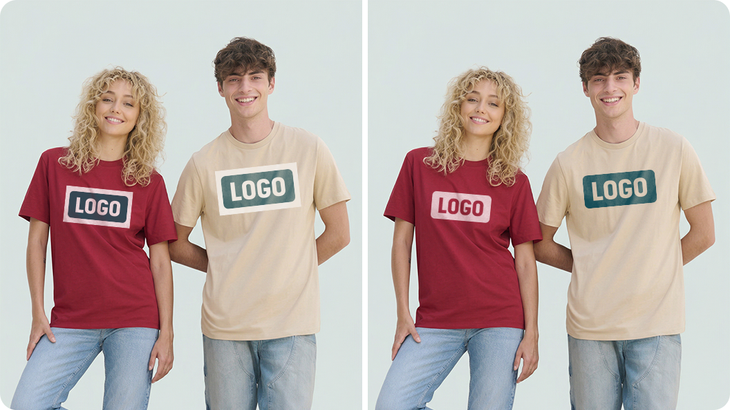 Confronto del posizionamento del logo con e senza rimozione dello sfondo su T-shirt personalizzate