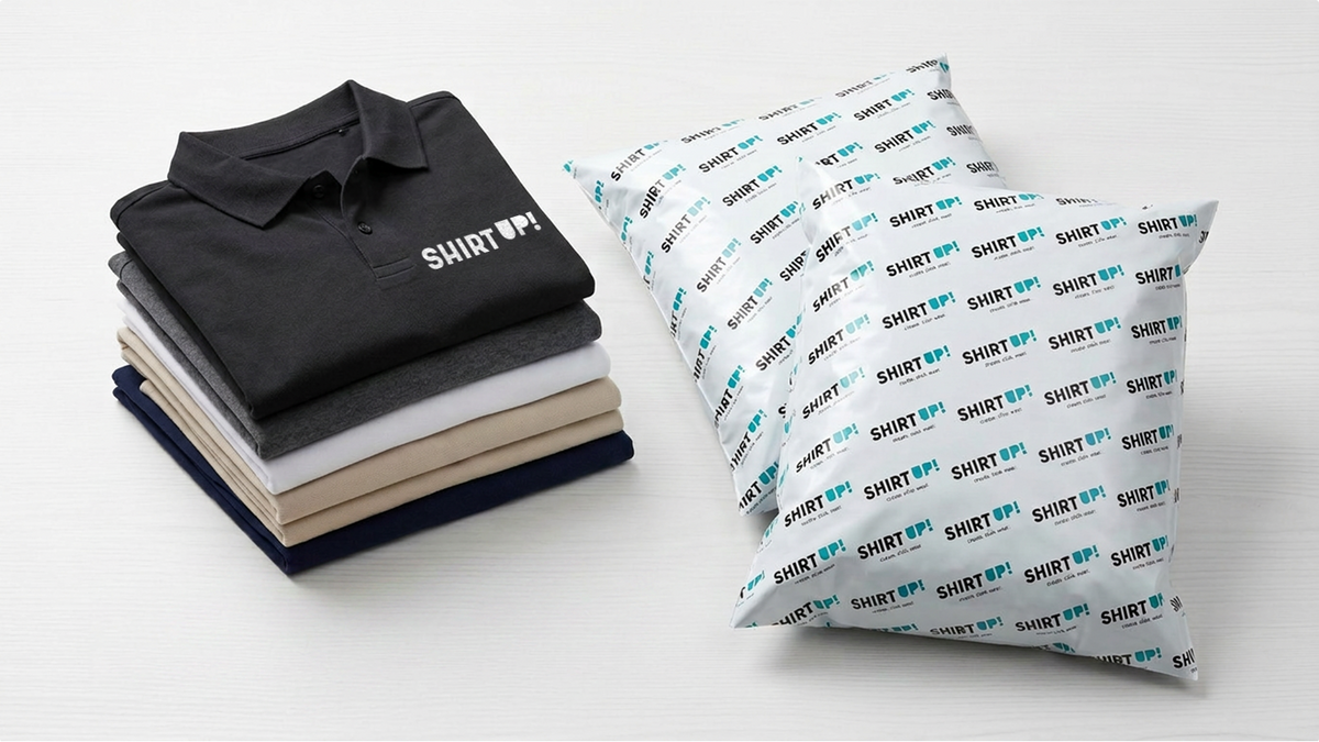 Pila di polo personalizzate con packaging brandizzato ShirtUp! per ordini di abbigliamento promozionale e corporate.