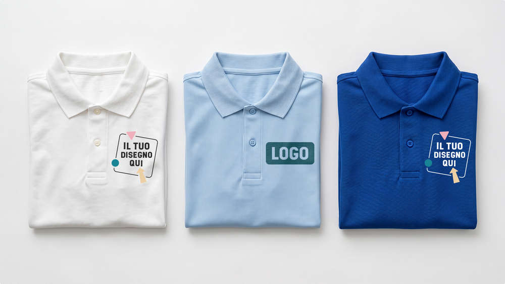 Confronto tra polo personalizzate ShirtUp! con diversi colori, posizioni del logo e stili per abbigliamento brandizzato.