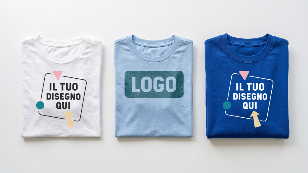 Confronto di magliette personalizzate ShirtUp! che mostra diversi colori del tessuto e stili di stampa del logo