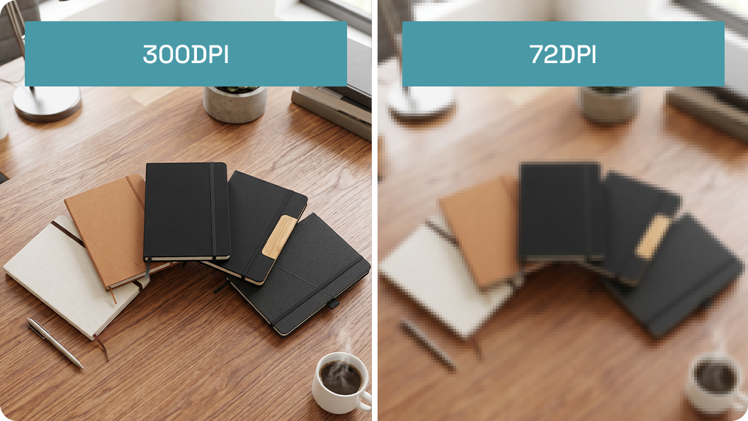 Confronto tra qualità immagine a 300 DPI e 72 DPI che mostra design stampati nitidi rispetto a sfocati su notebook