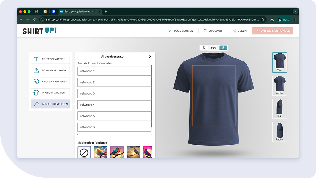 Geneer een design met AI in de ShirtUp! ontwerptool