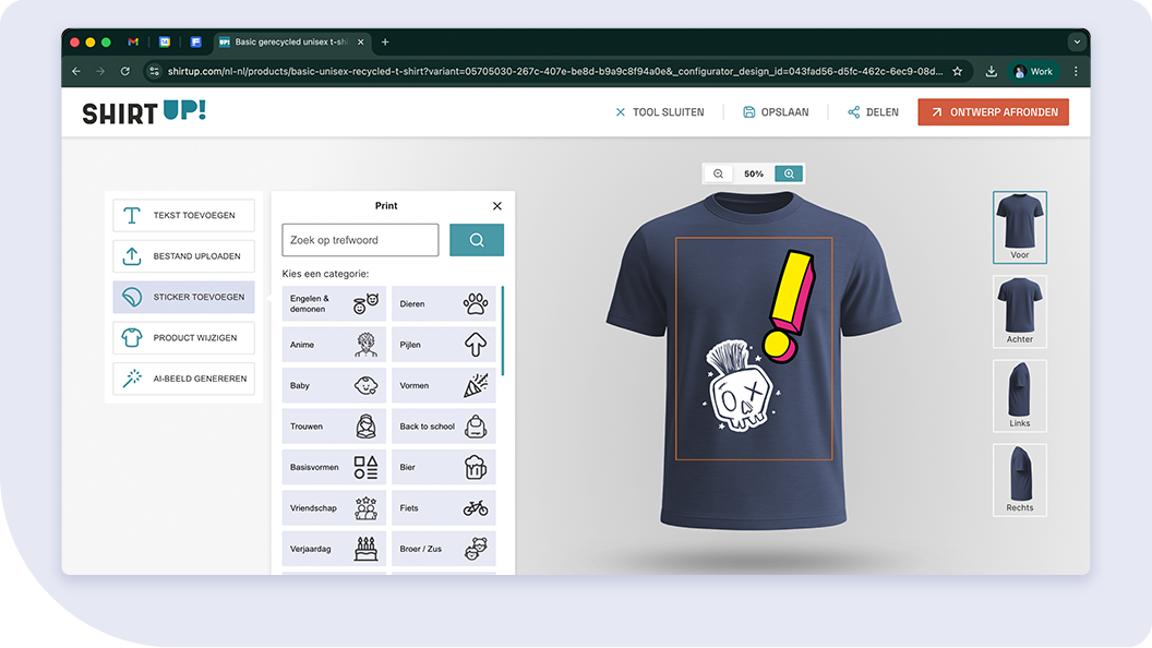Voeg stickers toe in de ShirtUp! ontwerptool