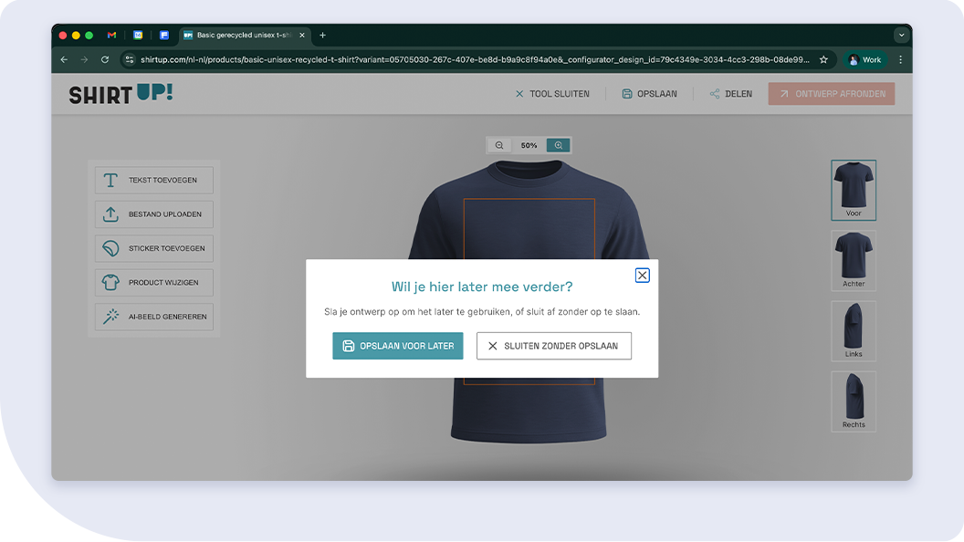 Ontwerp opslaan in de ShirtUp! ontwerptool