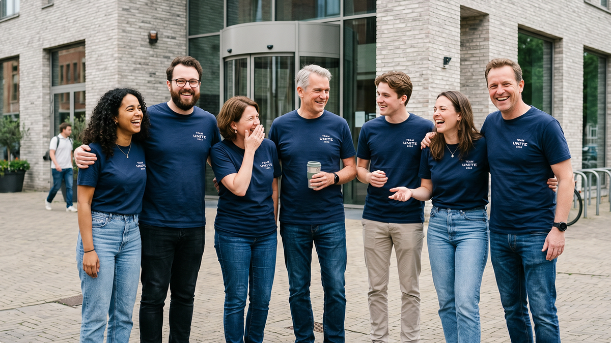 ShirtUp! voorbeelden van logoplaatsing op verschillende T-shirtkleuren