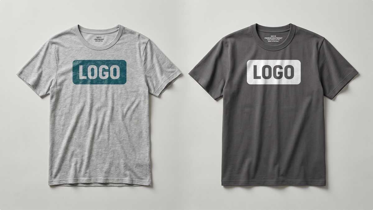 ShirtUp! vergelijking van bedrukte T-shirts met verschillende stofkleuren en logobedrukkingen
