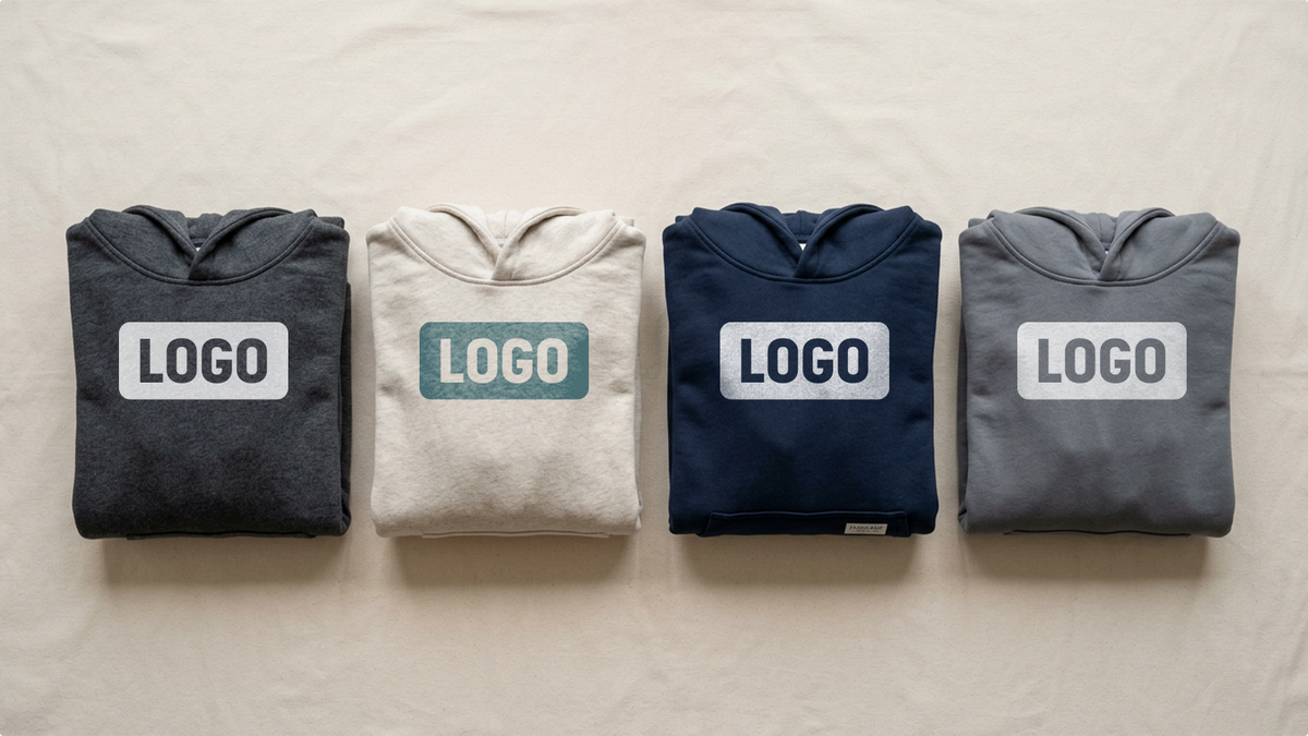Kolekcja złożonych personalizowanych bluz od ShirtUp! w różnych kolorach z nadrukiem logo.