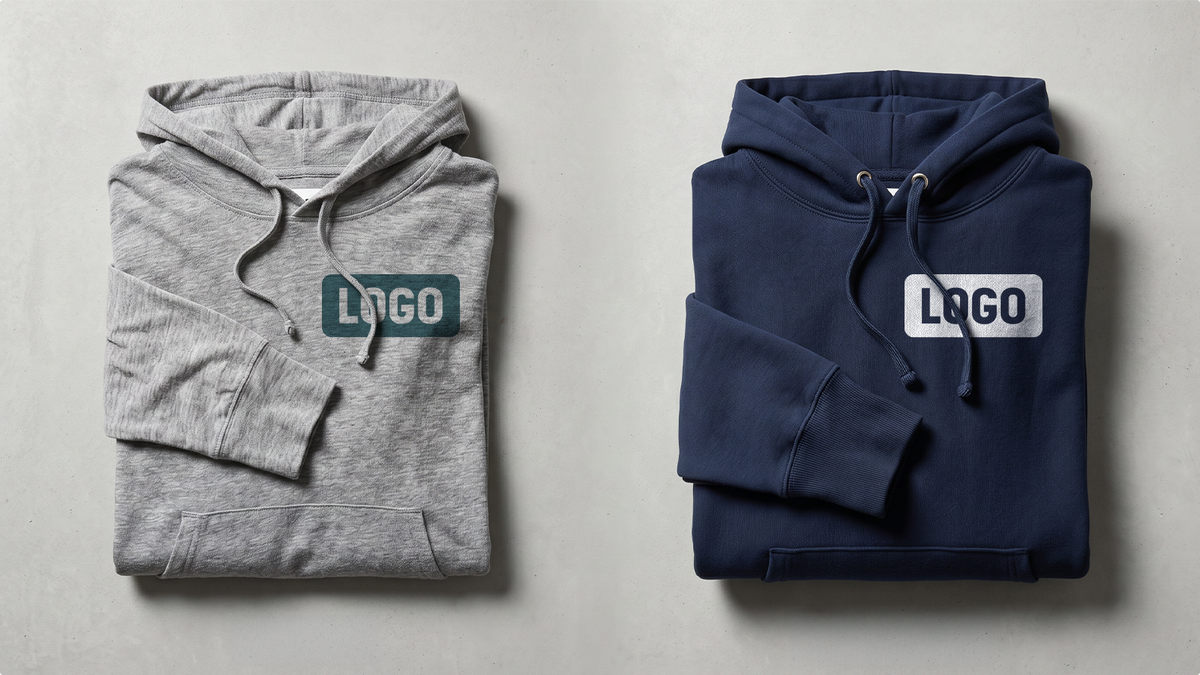 Dwie złożone personalizowane bluzy od ShirtUp! z różnymi projektami logo w bezpośrednim porównaniu.