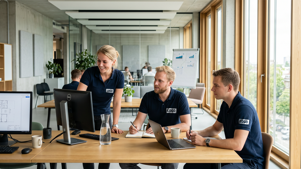 Profesjonaliści noszący personalizowane koszulki polo od ShirtUp! w nowoczesnym środowisku pracy – idealne dla firm i zespołów.