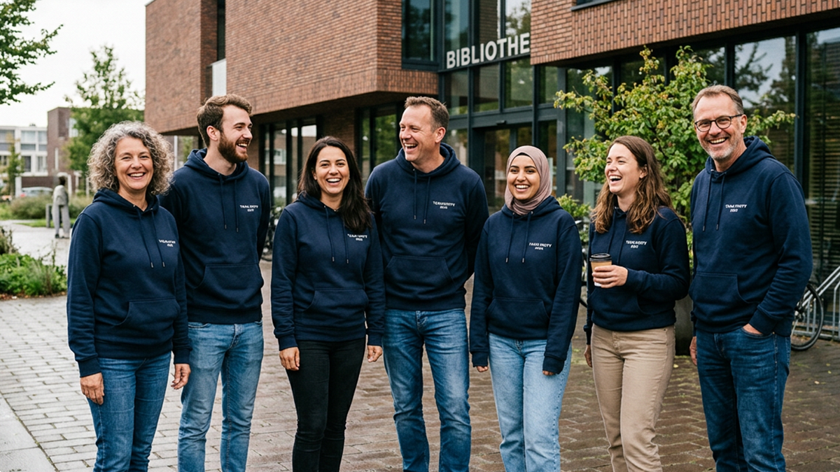 Grupp med matchande personliga hoodies skapade med ShirtUp! för team-event, communities och företagskläder.