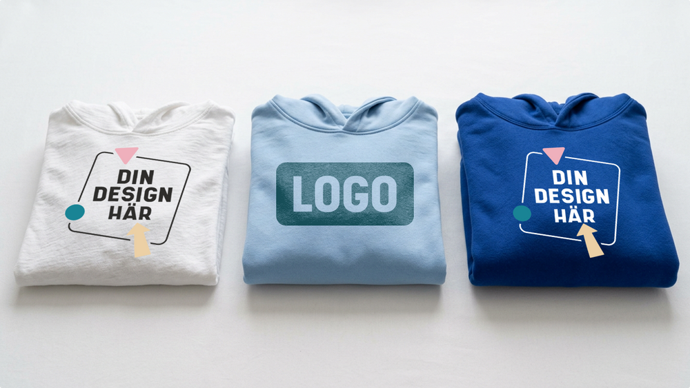 Jämförelse av personliga hoodies från ShirtUp! med olika färger och logotyper för unik och personlig design.