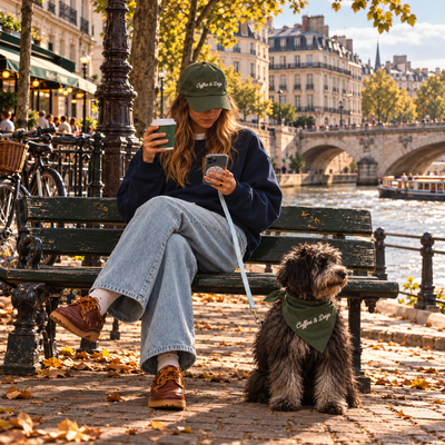 Femme et son chien au bord de la Seine à Paris, dans une ambiance automnale.