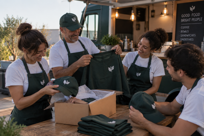 Team di un food truck con grembiuli e cappellini personalizzati con il logo aziendale, creati con ShirtUp!.