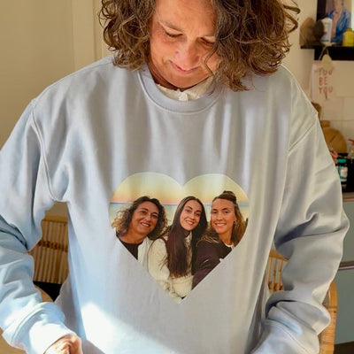 Woman wearing a personalized ShirtUp! sweatshirt with a photo print