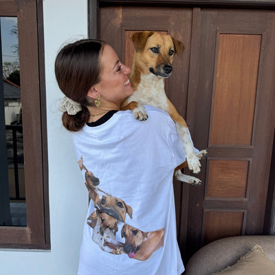 Woman wearing a personalized ShirtUp! T-shirt with a dog print