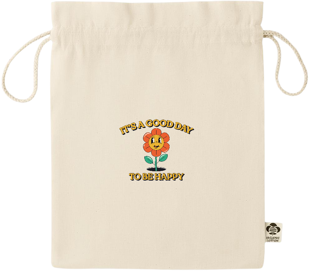 Its a Good Day to be Happy Design - Essential medium organic drawcord gift bag_BEIGE_front