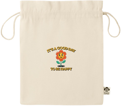 Its a Good Day to be Happy Design - Essential medium organic drawcord gift bag_BEIGE_front