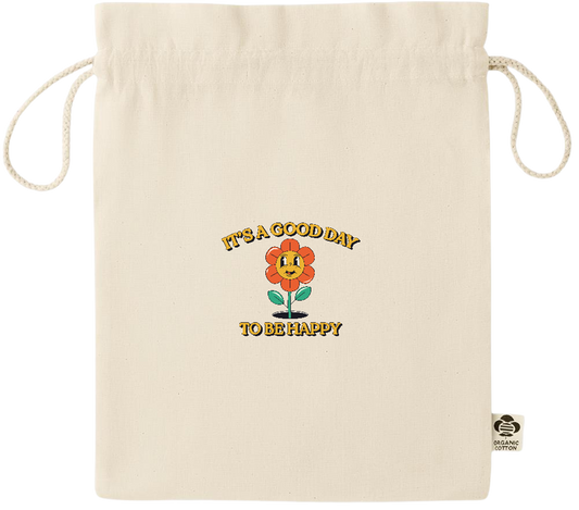 Its a Good Day to be Happy Design - Essential medium organic drawcord gift bag_BEIGE_front