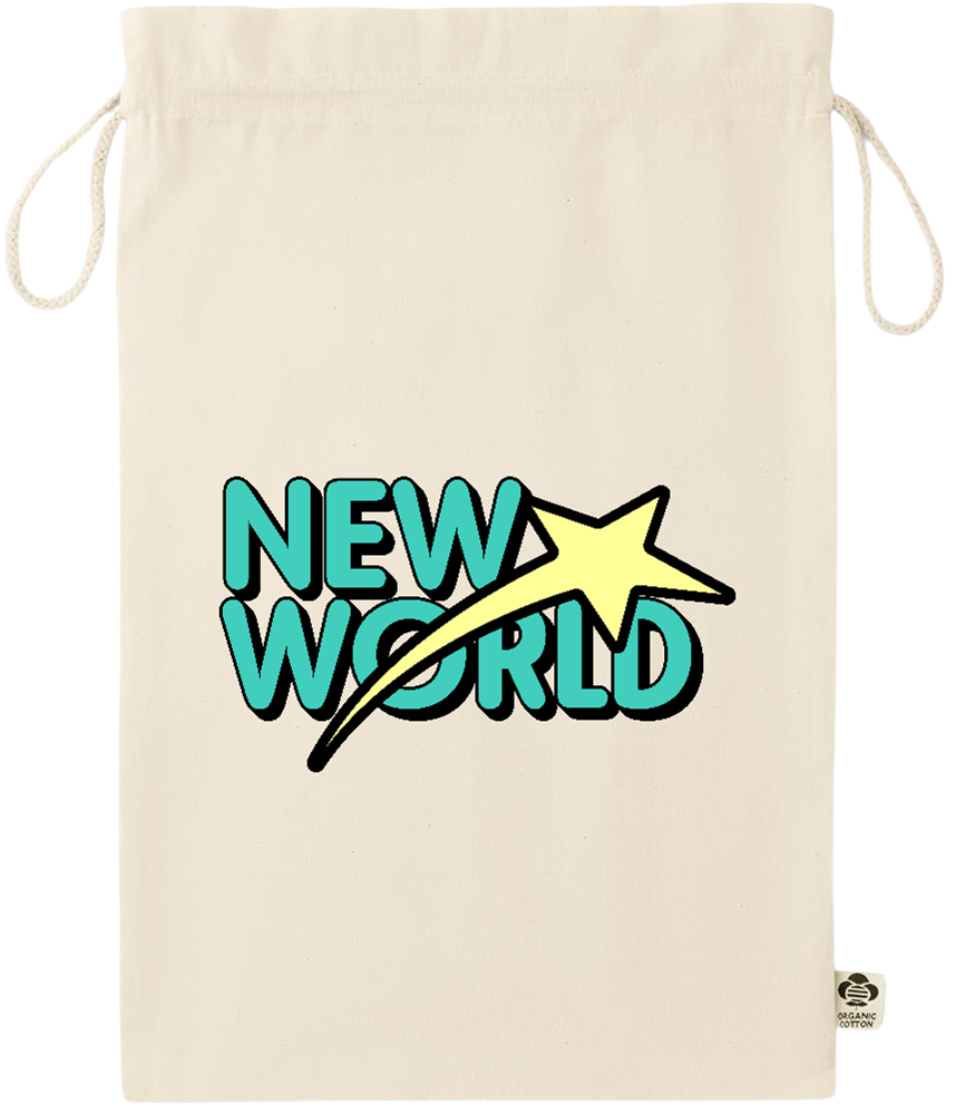 New World Design - Essential large organic drawcord gift bag_BEIGE_front