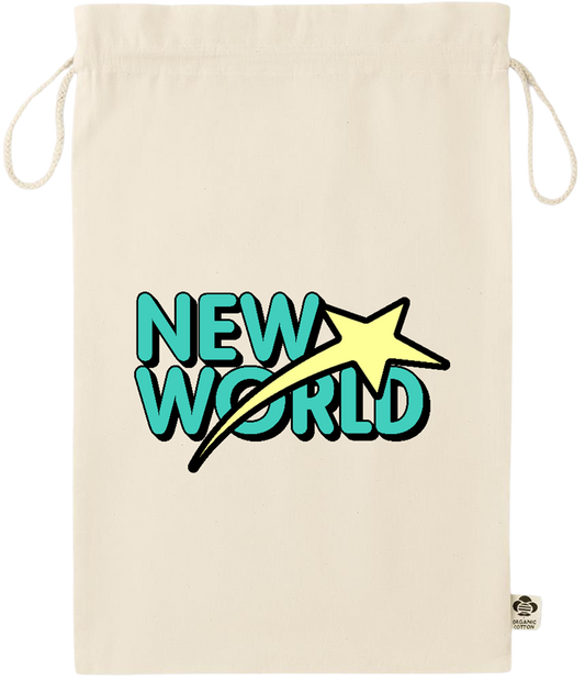 New World Design - Essential large organic drawcord gift bag_BEIGE_front